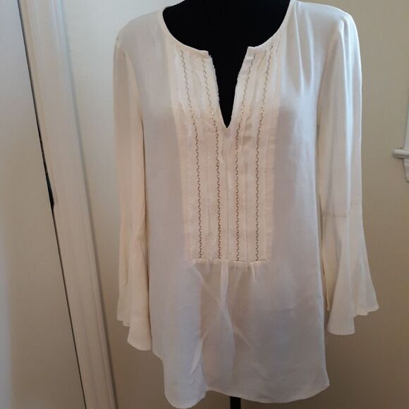 Anthropologie Ella Moss Women’s Ivory Top Embroidered Bell Sleeve Blouse M - Picture 1 of 10
